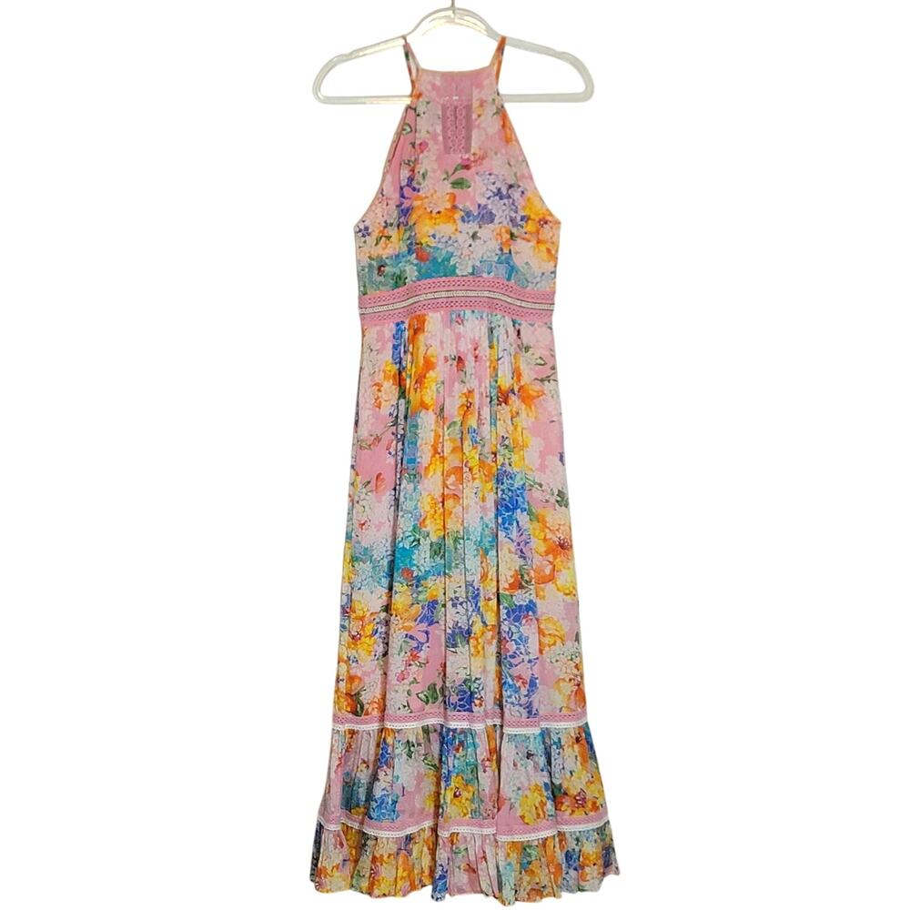 Anthropologie Bhanuni By Jyoti Yuko Floral Beaded Halter Maxi Dress Pink Blue 4 - Picture 9 of 16